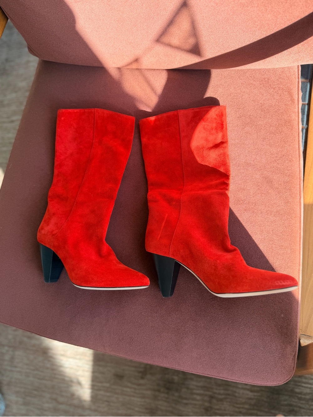 Sandro Red Suede Mid-Calf Heeled Boots